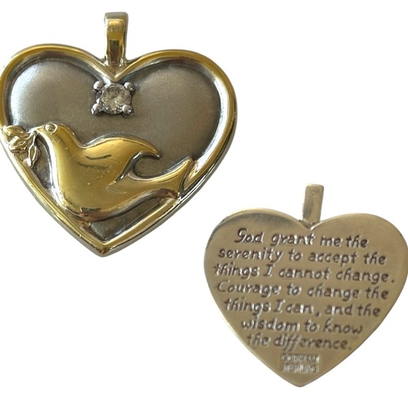 Vintage Gorham Sterling Silver Dove Heart Pendant Cubic Zirconia Serenity Prayer - Picture 6 of 11